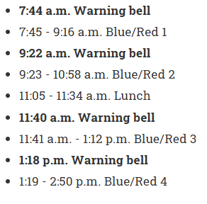 Photo of Liberty High School's bell schedule. Photo from the Liberty High School Website.