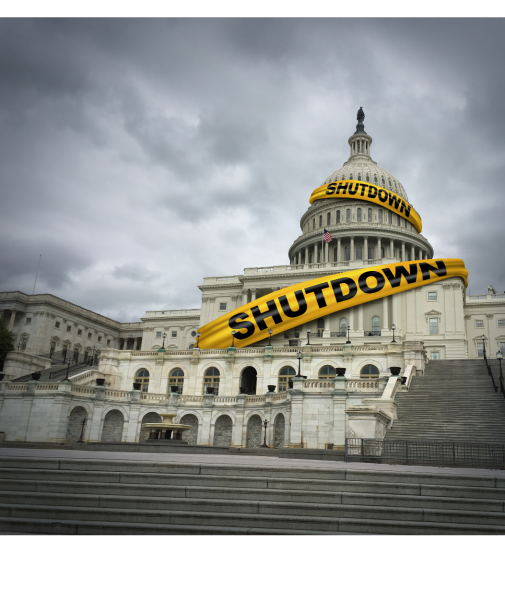 Visual of government covered in yellow tape labeled 'shutdown'. Photo courtesy of Canva.com.