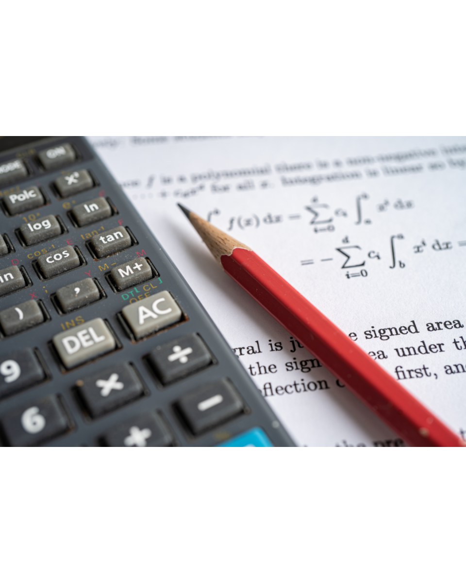 Photo of a pencil and a calculator on a math paper. Photo from Canva.com