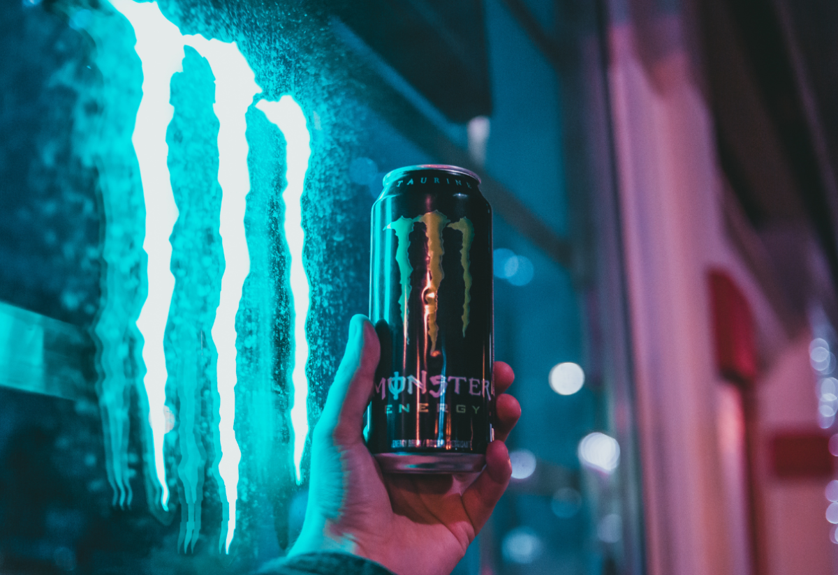 Monster Energy drink under a light. Photo from Canva.com.