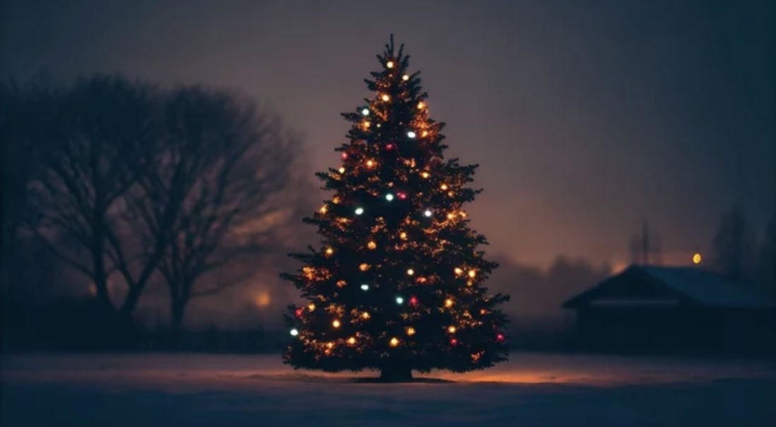 A Christmas tree in the snow. Photo from Canva.com. 