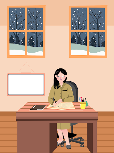 An image portraying a teacher working during a snow day. Photo created on Canva by Micah Mills.