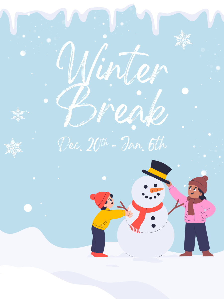 Children building a snow man in a winter break graphic. Visual created by Micah Mills on Canva.com.