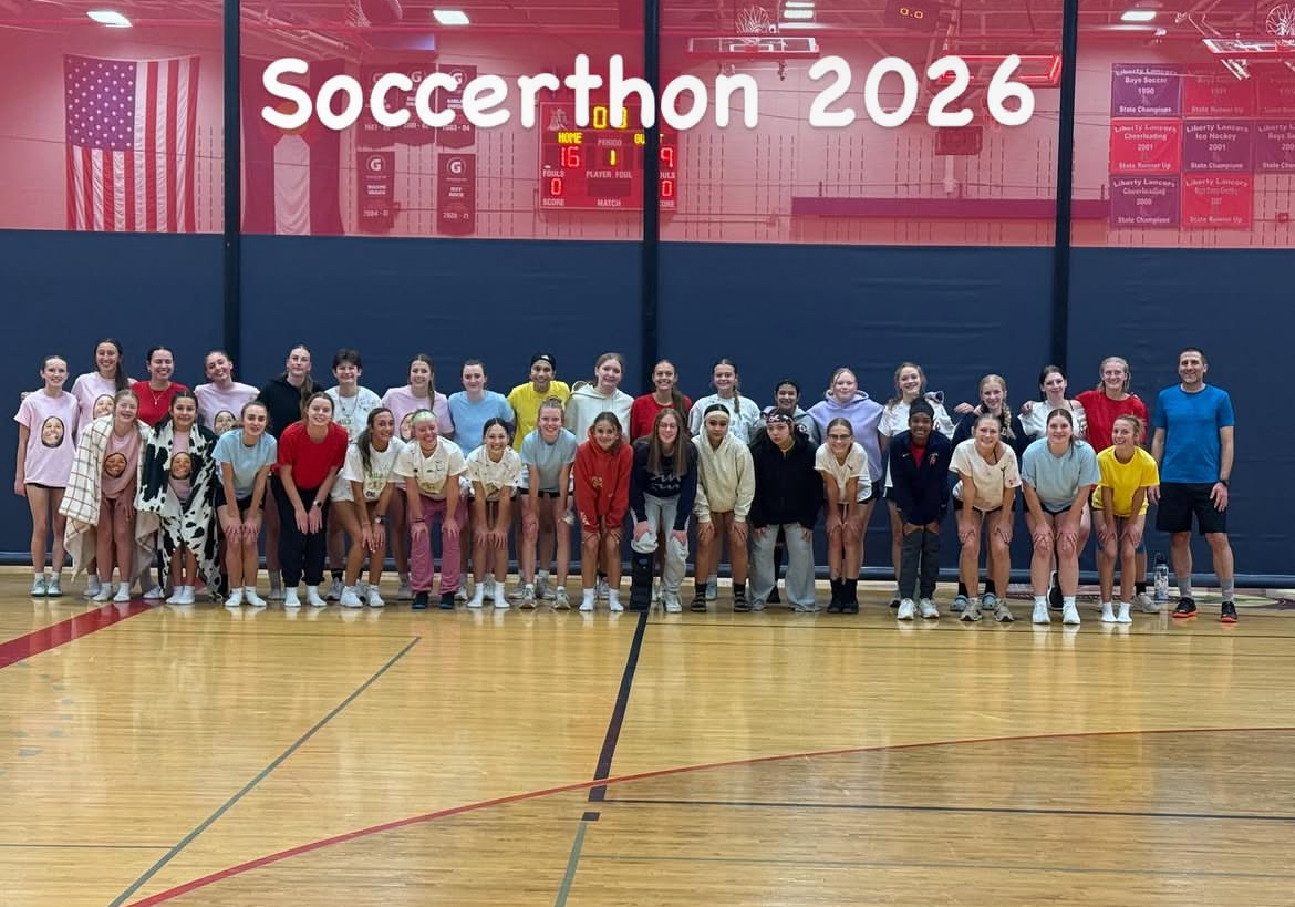 The entire Liberty girls' soccer program during the Soccerthon on Jan. 24, 2026. Photo from the "lancersgirlssoccer" Instagram. 