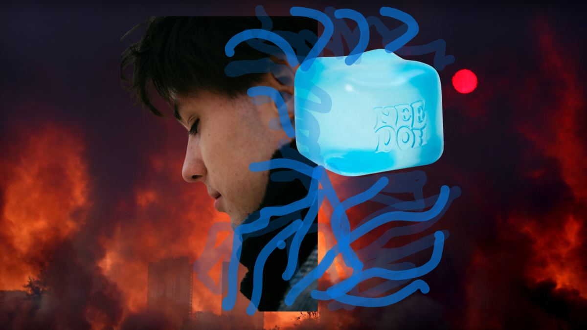 Student getting enveloped by Needoh toy. Photo created on Canva.com.