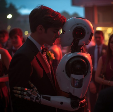 Student dancing with Artificial Intelligence. Photo created by Canva AI.
