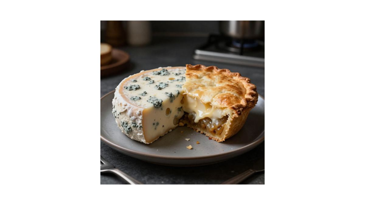 Picture of a food that is half moldy cheese and half pot pie. Photo created by Canva AI.