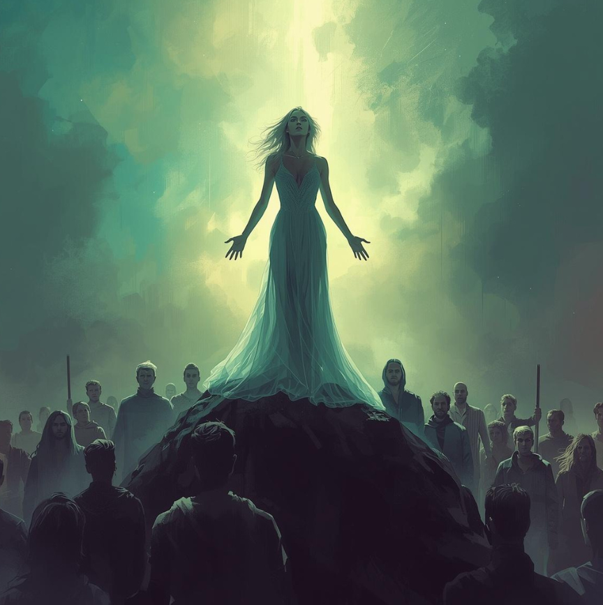 Female popstar surrounded by followers. Photo by Canva A.I. 