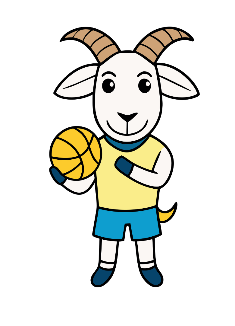 Photo of a goat holding a basketball. Photo by Canva.com.