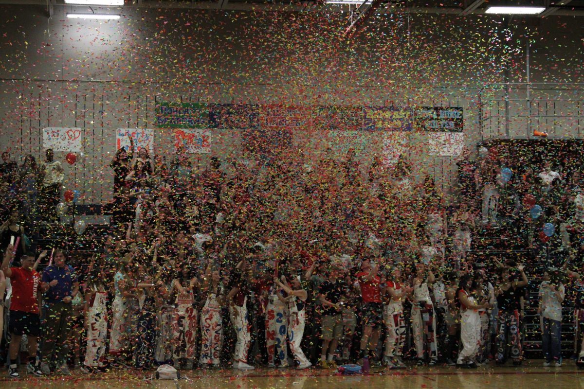 Seniors release their confetti at the end of year assembly, Friday, May 8, 2026. Photo by Ryker Sosovec. 